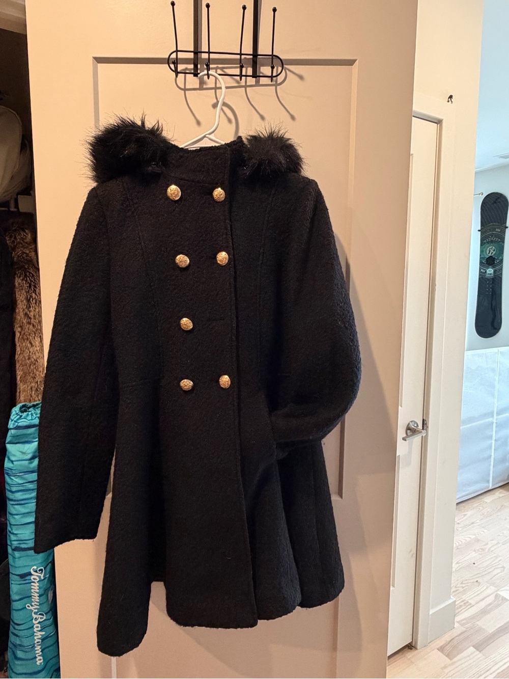 Liz Claiborne Black Double-Breasted Pea Coat with Faux Fur Hood